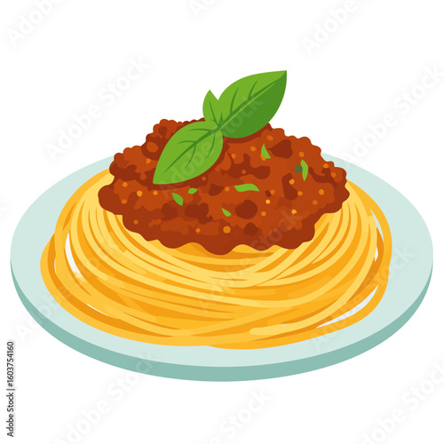 Stylized illustration of spaghetti bolognese with rich meat sauce and a fresh basil garnish.