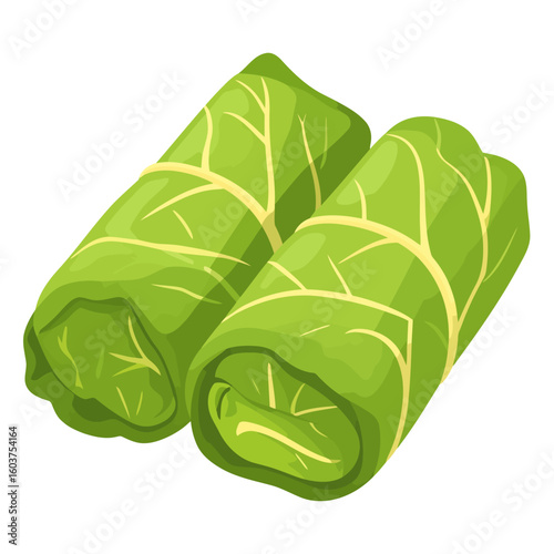 Two green stuffed cabbage rolls, a traditional dolma dish, shown in a detailed cartoon illustration with visible leaf veins.