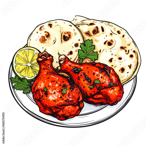 Vibrant illustration of spicy tandoori chicken drumsticks with naan bread and lime.