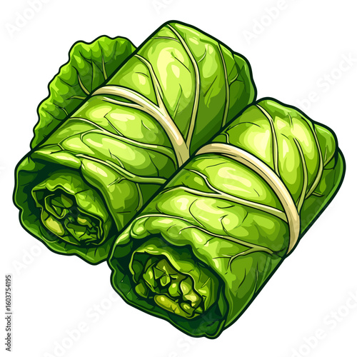 Vibrant cartoon illustration of two stuffed cabbage rolls with detailed green leaves.