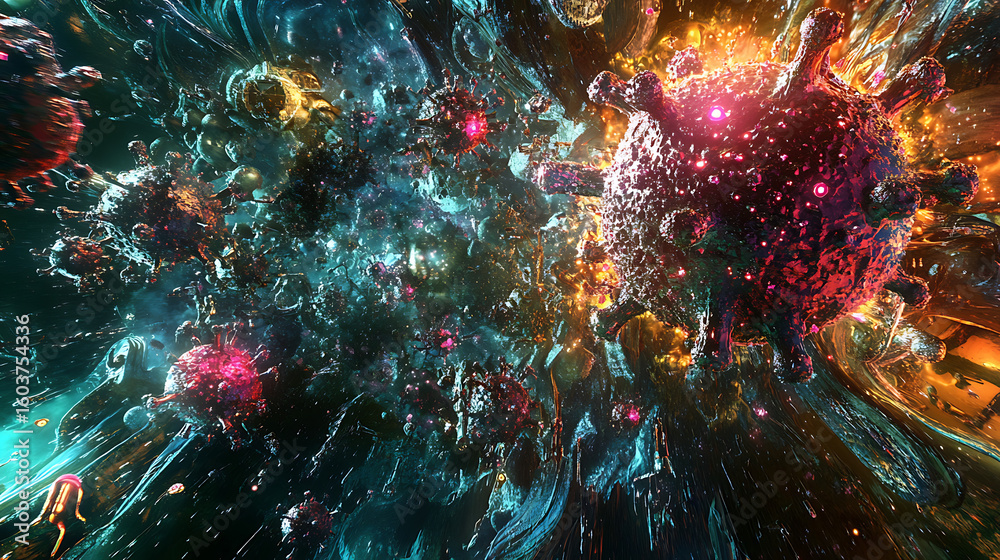 Obraz premium Vibrant color image of virus being disassembled by intelligent nanobot swarm