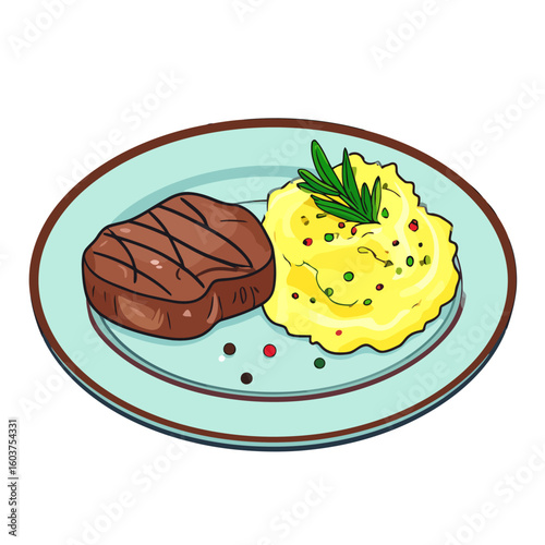 Cartoon grilled beef steak with mashed potatoes, garnished with rosemary and peppercorns on a blue plate.