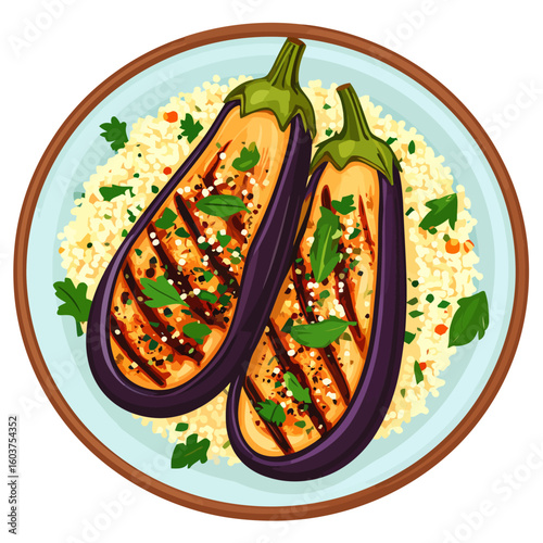 Grilled eggplant halves with char marks, served on couscous with fresh parsley and seeds.