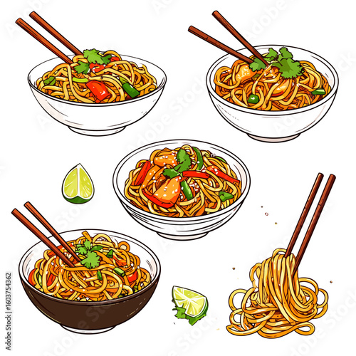 Vibrant illustration set of Asian stir-fry noodles in bowls with fresh vegetables, cilantro, and chopsticks.