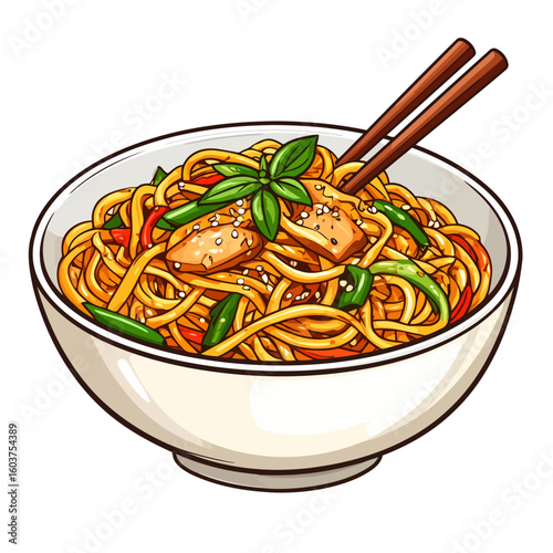 Vibrant cartoon bowl of Asian stir-fry noodles with chicken, fresh basil, and chopsticks.