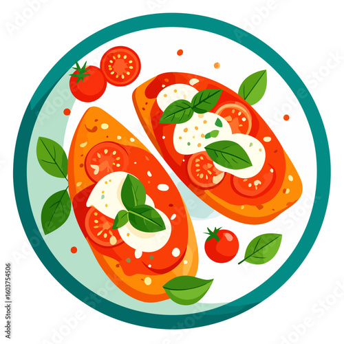 Gourmet Italian bruschetta with fresh mozzarella, cherry tomatoes, and basil leaves.