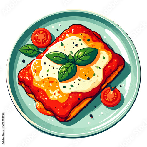 Vibrant illustration of a plated lasagna slice with melted cheese, fresh basil, and cherry tomatoes.