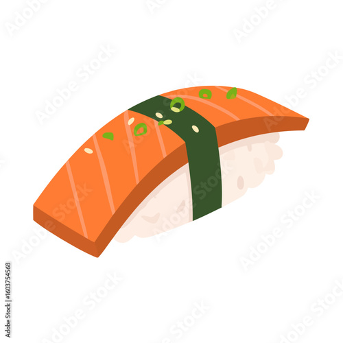 Illustrated salmon nigiri sushi with nori wrap, topped with green onions and sesame seeds.