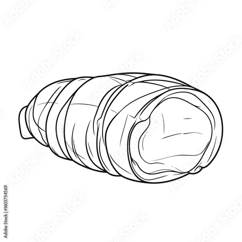 Line art illustration of a raw rolled meat roast tied with butcher's twine for cooking.