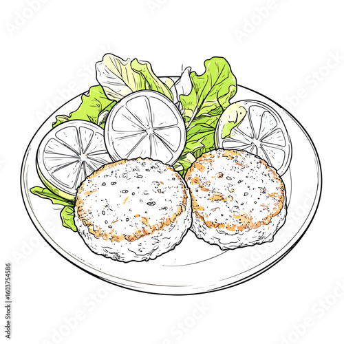 Illustrated dish of two golden-brown crab cakes served with fresh lettuce and lemon slices.