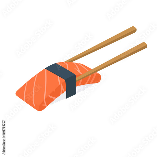 Isometric vector of salmon nigiri sushi with a nori band being held by wooden chopsticks.