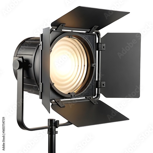 A studio fresnel light with barn doors attached and mounted on a stand against a white background