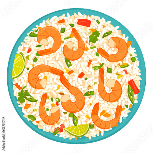 Colorful illustration of a shrimp fried rice dish with vegetables and lime wedges in a blue bowl, top view.