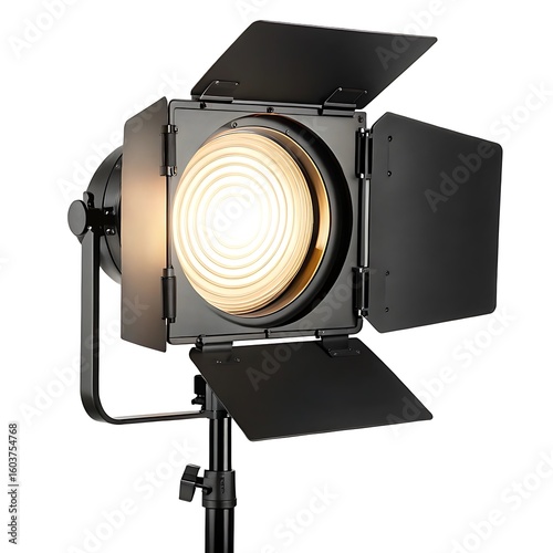 A studio fresnel light with barn doors on a stand emitting a bright light on a white background