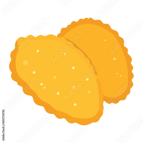 Two golden-brown fried turnovers with crispy, wavy edges and a speckled texture.