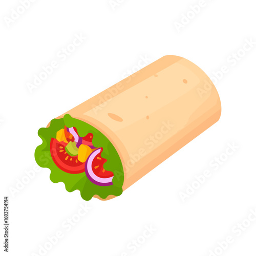 Delicious vegetable burrito wrap with fresh lettuce, tomato, and onion filling. Isometric cartoon illustration of a healthy fast food meal.