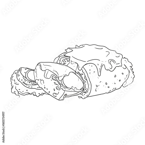 Hand-drawn smothered burrito, cut open and covered with a thick, dripping sauce.