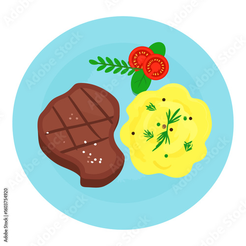 Grilled beef steak with mashed potatoes and fresh tomato garnish, a complete meal illustration.