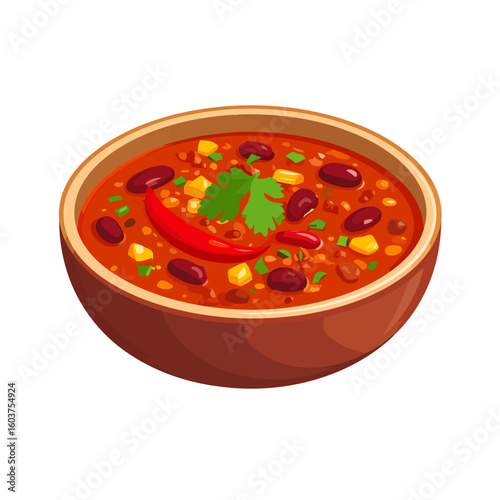 A hearty bowl of spicy chili con carne with red beans, corn, and a fresh red chili pepper garnish.