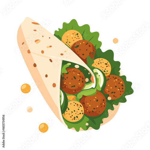 Vibrant flat illustration of a falafel wrap with chickpea balls, fresh lettuce, and cucumber slices.