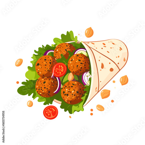 Illustrated falafel wrap with crispy chickpea balls, fresh lettuce, tomato, and onion.