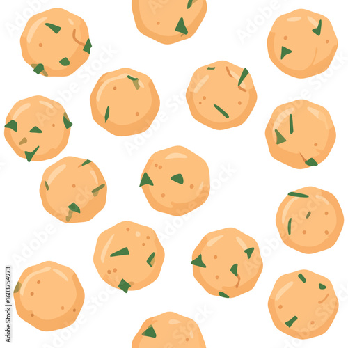 Golden-brown round food balls with green herb specks, illustrated pattern.
