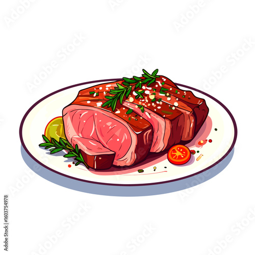 Juicy sliced rare beef steak garnished with fresh rosemary and coarse salt on a plate.