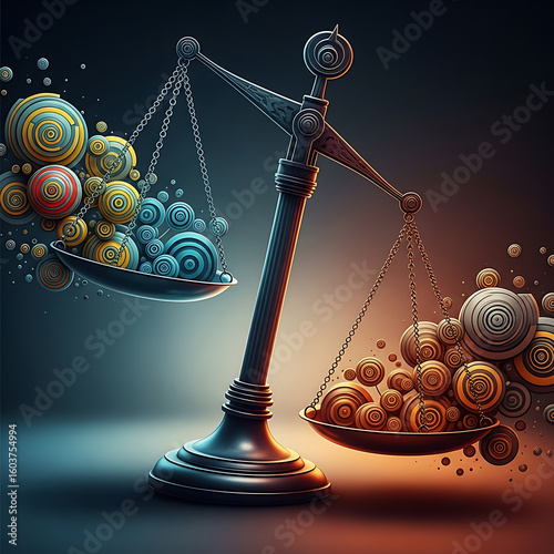 A black scale, with colorful, abstract weights, is balanced precariously, symbolizing equilibrium and contrasting forces.