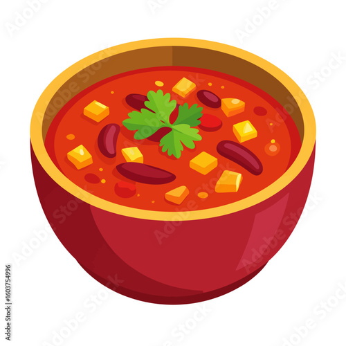 Isometric vector icon of a red bowl of chili with beans, cheese cubes, and a fresh green herb garnish.