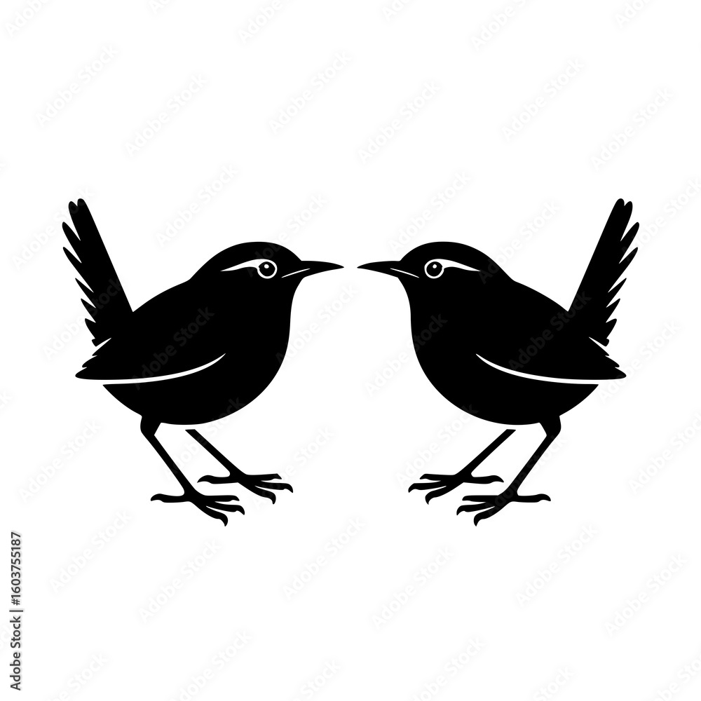 Fototapeta premium Two Wren Birds Facing Each Other: A simple black and white line art illustration depicts two wrens in profile view, facing each other, showcasing their elegant silhouettes against a white background.