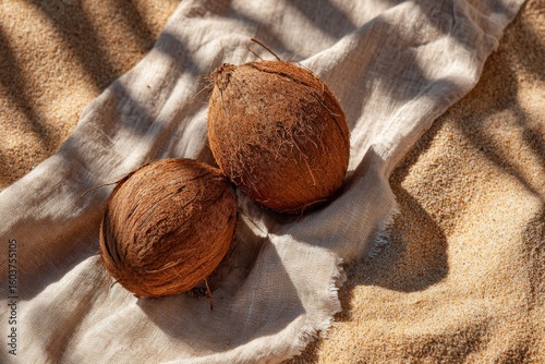 Wallpaper Mural Whole coconut with tropical leaf shadow on sandy beach Torontodigital.ca