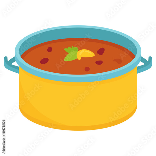 Colorful isometric pot of hearty bean soup with a fresh herb and lemon garnish.
