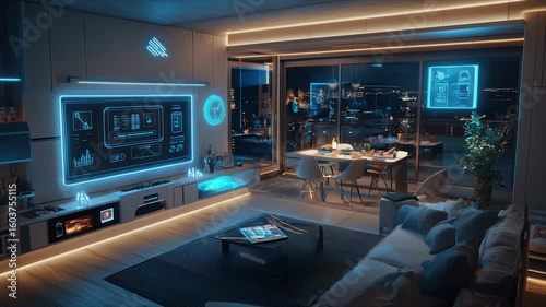 Smart home living room at night, showcasing automated controls on a large screen, integrated lighting, and appliances
