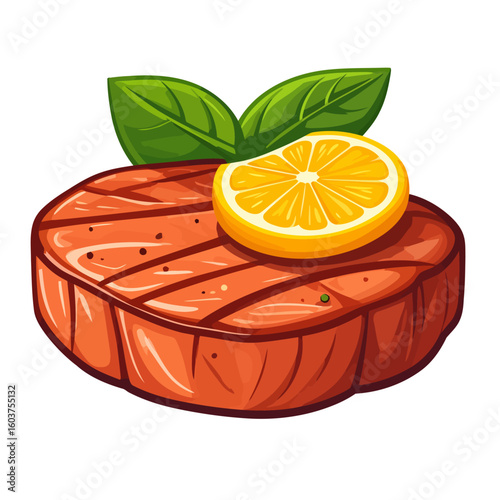 Juicy Grilled Salmon Steak with Grill Marks, Lemon Slice, and Fresh Basil Leaves