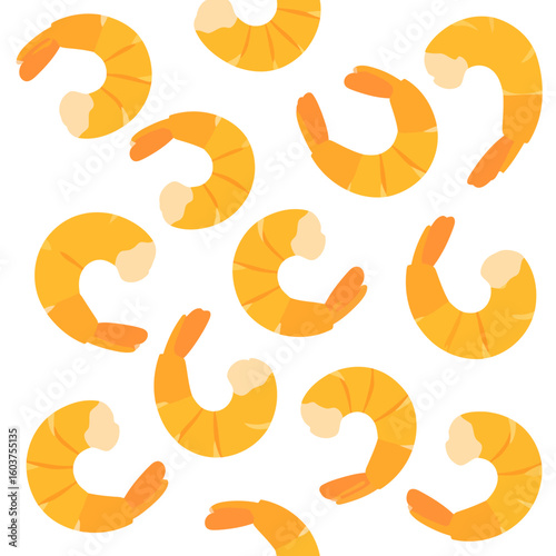 Collection of cooked, peeled orange shrimp in a stylized flat design pattern.