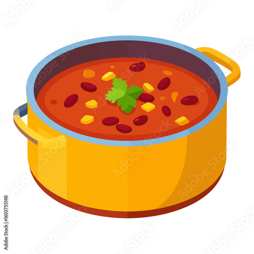 A yellow cooking pot filled with red chili con carne, beans, and corn, garnished with cilantro.