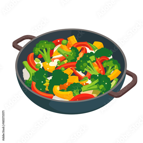 Vibrant vegetable stir-fry with broccoli and peppers cooking in a dark wok pan.