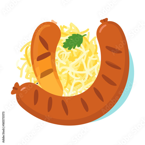 Grilled bratwurst sausages with sauerkraut and parsley garnish. A flat vector illustration of a traditional German meal.