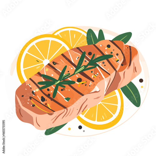 Grilled salmon fillet steak seasoned with pepper and fresh rosemary, served with lemon slices on a plate.