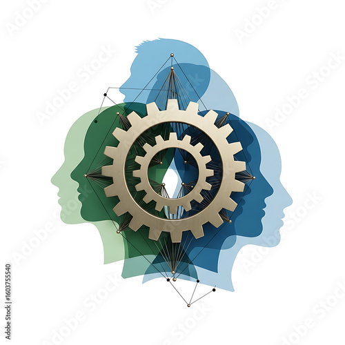 Abstract graphic of interconnected human profiles and a central gear, symbolizing teamwork and collaboration.