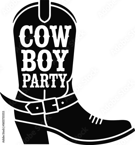 Black and White Cowboy Boot Silhouette with Cowboy Party Text Perfect for Western Themed Events Invitations and Decorations Isolated on White Background Vector Illustration