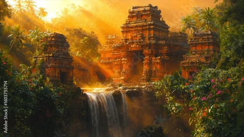 Sunlit jungle waterfall cascading past ancient stone temples