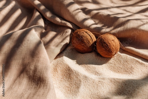 Wallpaper Mural Whole coconut with leaf shadows on beach surface Torontodigital.ca