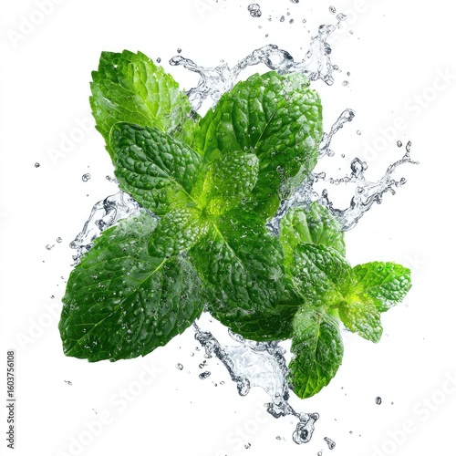 Fresh mint leaves, glistening with water droplets, in mid-air water splash