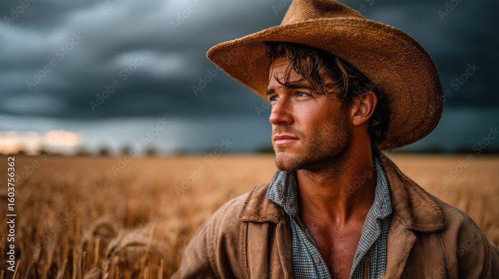 Obraz premium Cowboy in a wheat field under a dramatic sky.