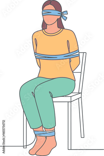 A woman with a blindfold is sitting on a chair with her hands and feet tied with blue rope illustration