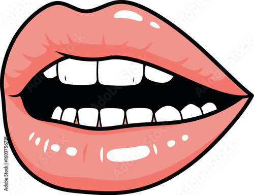 Illustration of open mouth with pink lipstick and white teeth on a white background art design