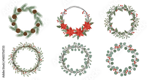 Beautiful hand painted watercolor christmas wreaths featuring pine cones poinsettias holly berries and eucalyptus leaves for festive holiday decorations