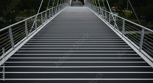 Modern pedestrian bridge with metal railings and dark gray deck, leading to a distant roadway.