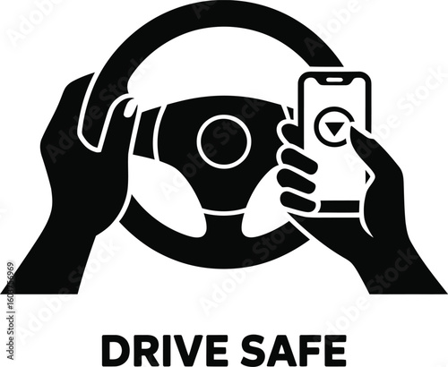 Hands holding steering wheel and smartphone while driving